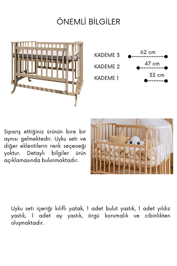 Mabela Beşik Ahşap Kahverengi Krem Örgü Koruma Set Ile